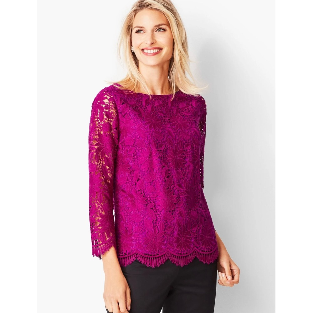 RSVP by Talbots women's Lace Top Magenta Floral 3/4 Sleeve Scalloped Hem Sz L - Picture 16 of 16